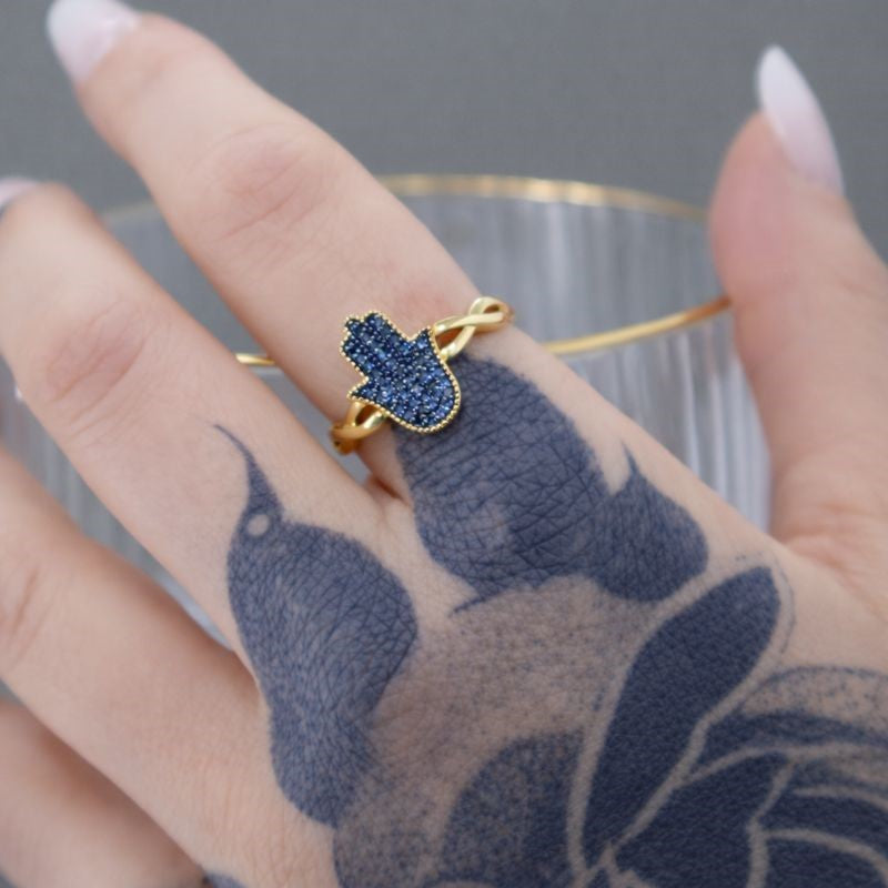 Gold Plated Blue Diamond Hamsa Ring
