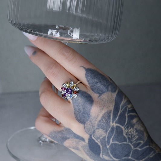 Sterling Silver Multicolor Gemstone & Diamond Flower Ring