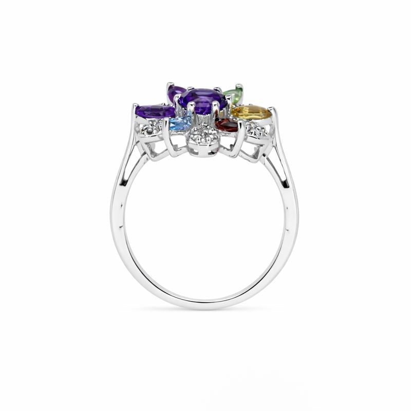 Sterling Silver Multicolor Gemstone & Diamond Flower Ring