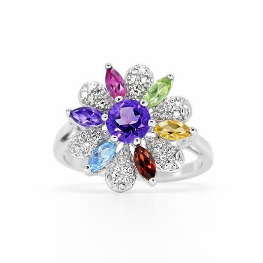 Sterling Silver Multicolor Gemstone & Diamond Flower Ring