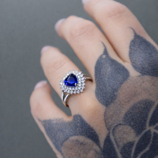 Sterling Silver White & Blue CZ Heart Ring