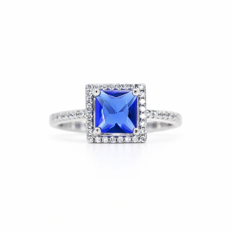 Rhodium-Plated Blue & White CZ Square Halo Ring