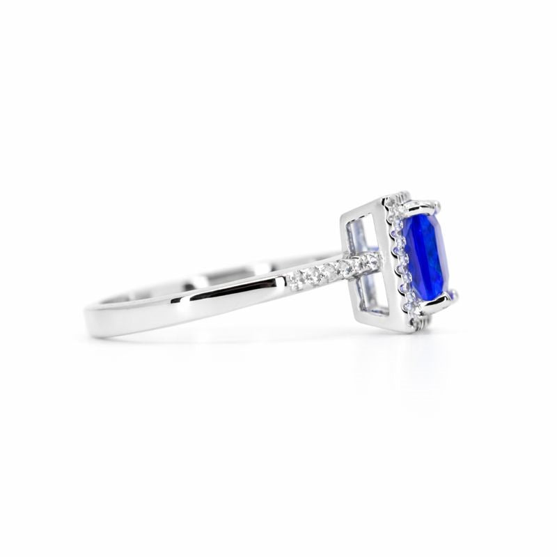 Rhodium-Plated Blue & White CZ Square Halo Ring