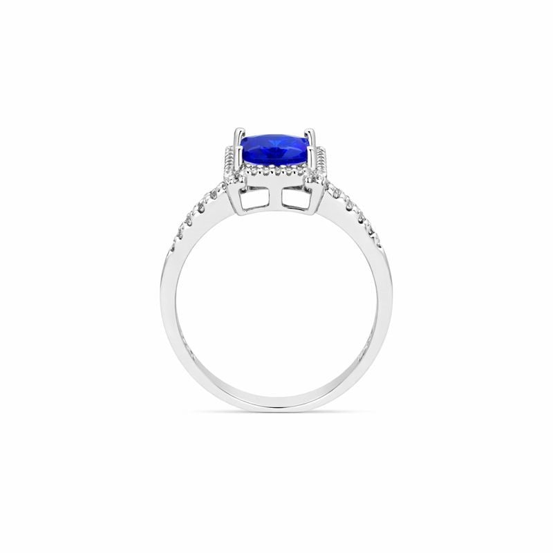 Rhodium-Plated Blue & White CZ Square Halo Ring