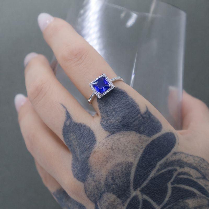 Rhodium-Plated Blue & White CZ Square Halo Ring
