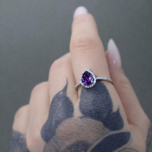 Sterling Silver Purple & White CZ Halo Teardrop Ring