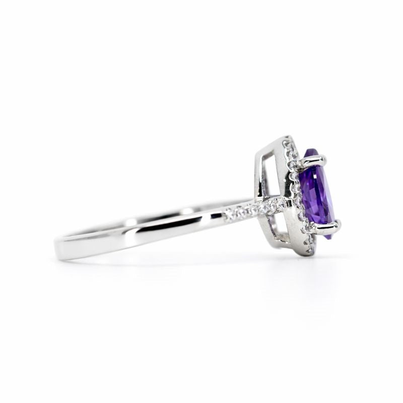 Sterling Silver Purple & White CZ Halo Teardrop Ring