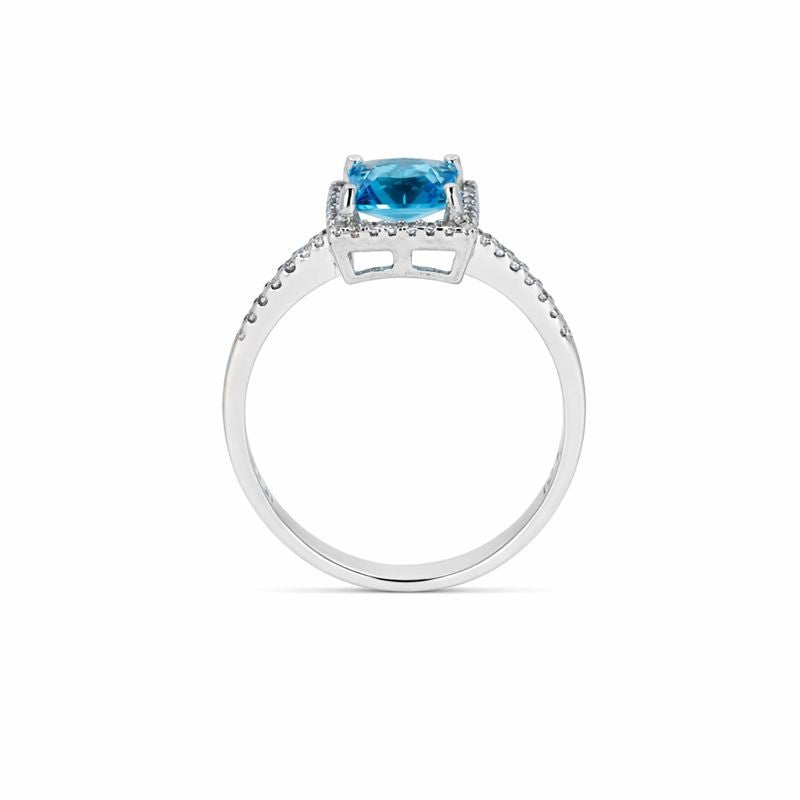 Rhodium-Plated Light Blue & White CZ Square Halo Ring