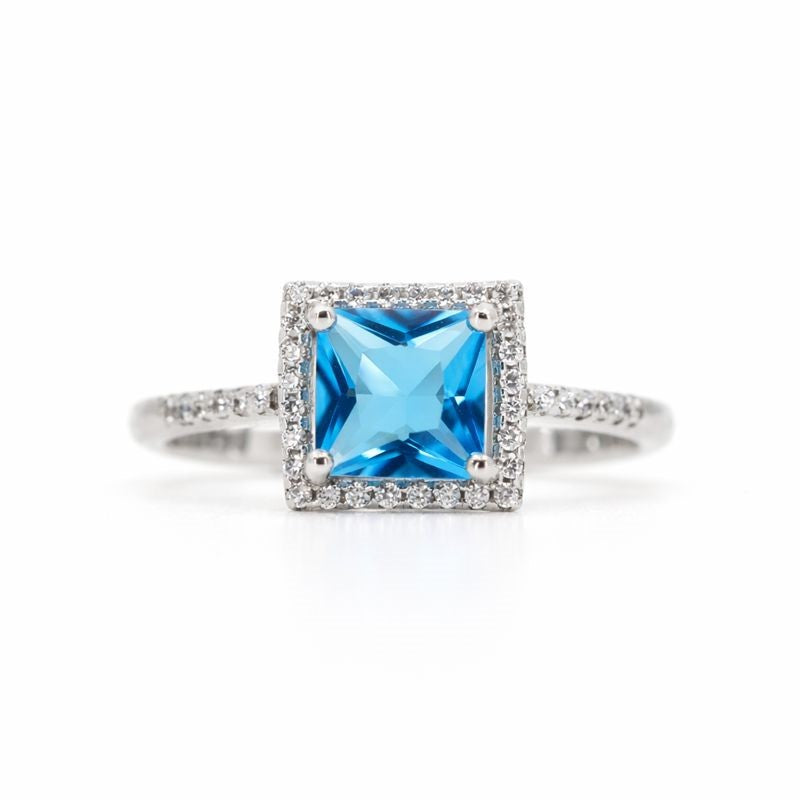 Rhodium-Plated Light Blue & White CZ Square Halo Ring