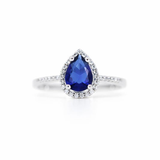 Sterling Silver Dark Blue & White CZ Halo Teardrop Ring