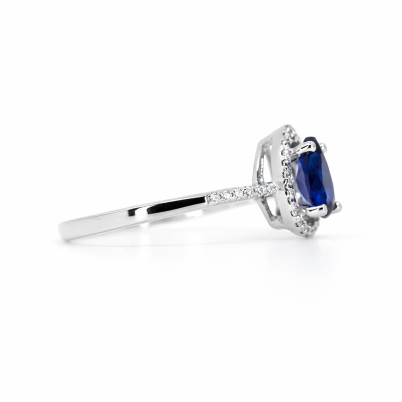 Sterling Silver Dark Blue & White CZ Halo Teardrop Ring