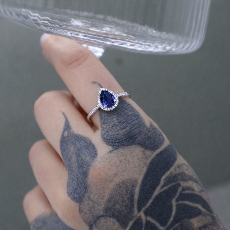 Sterling Silver Dark Blue & White CZ Halo Teardrop Ring