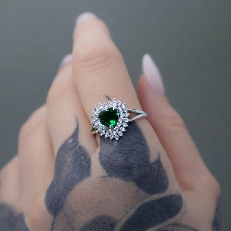 Sterling Silver White & Green CZ Heart Ring