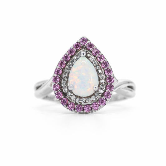 Sterling Silver Opal, Pink Topaz & Diamond Teardrop Ring