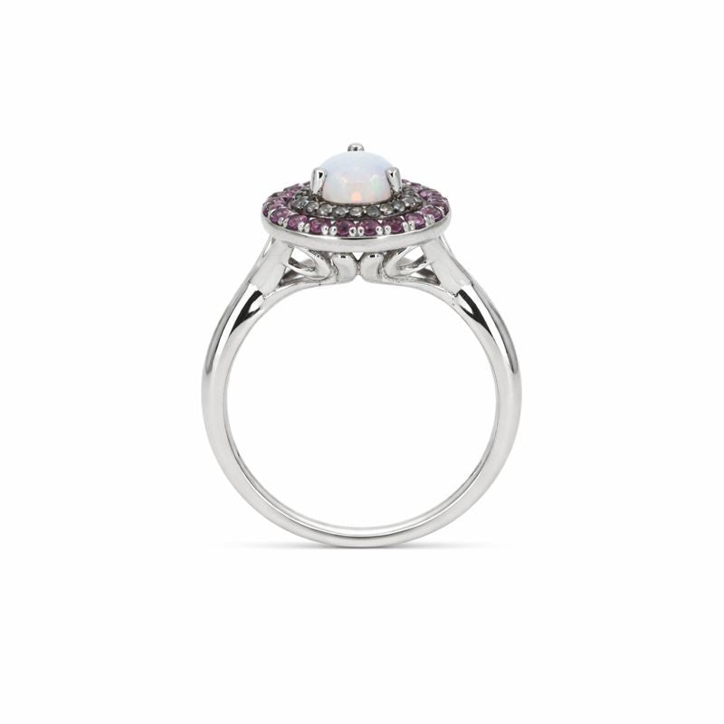 Sterling Silver Opal, Pink Topaz & Diamond Teardrop Ring
