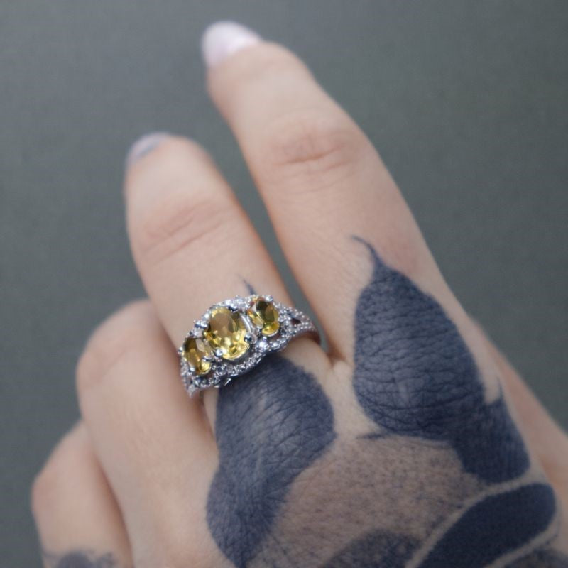 Sterling Silver Triple Citrine & Diamond Accent Ring