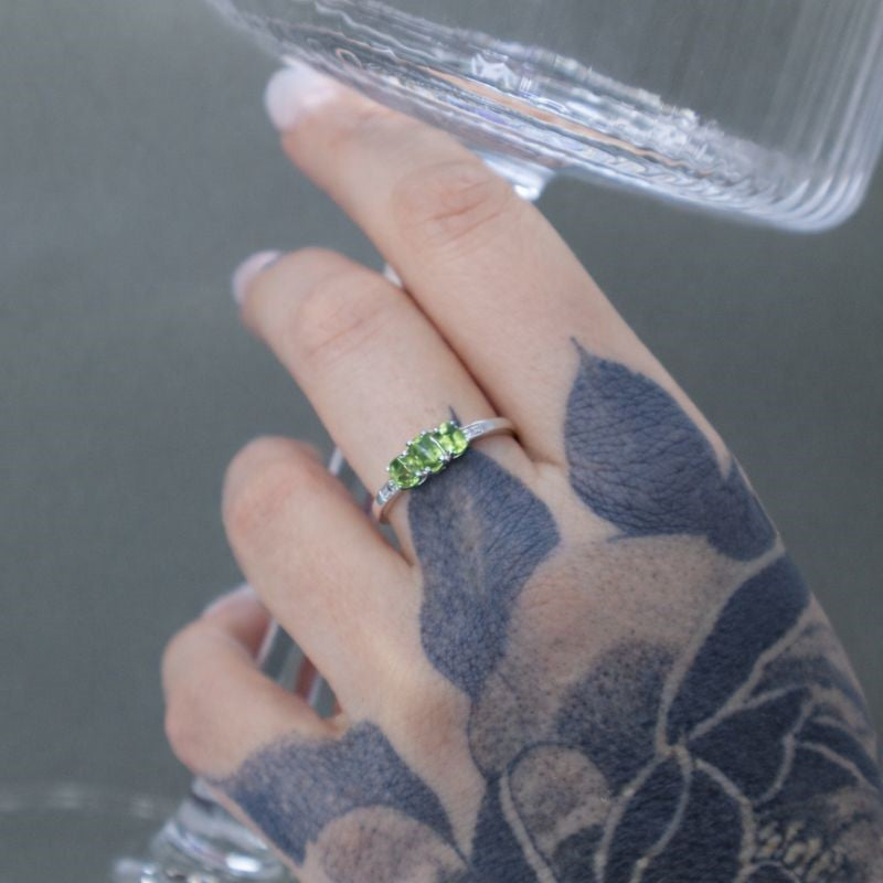 Sterling Silver Three Peridot & Diamond Accent Ring