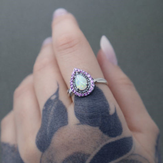 Sterling Silver Opal, Pink Topaz & Diamond Teardrop Ring
