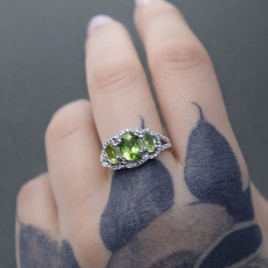 Sterling Silver Triple Peridot & Diamond Accent Ring