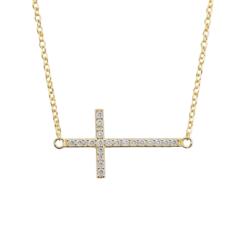 Yellow Gold Plated CZ Sideways Cross Necklace