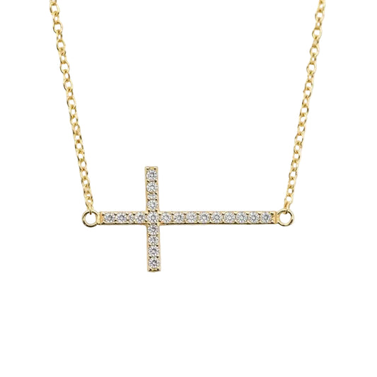 Yellow Gold Plated CZ Sideways Cross Necklace