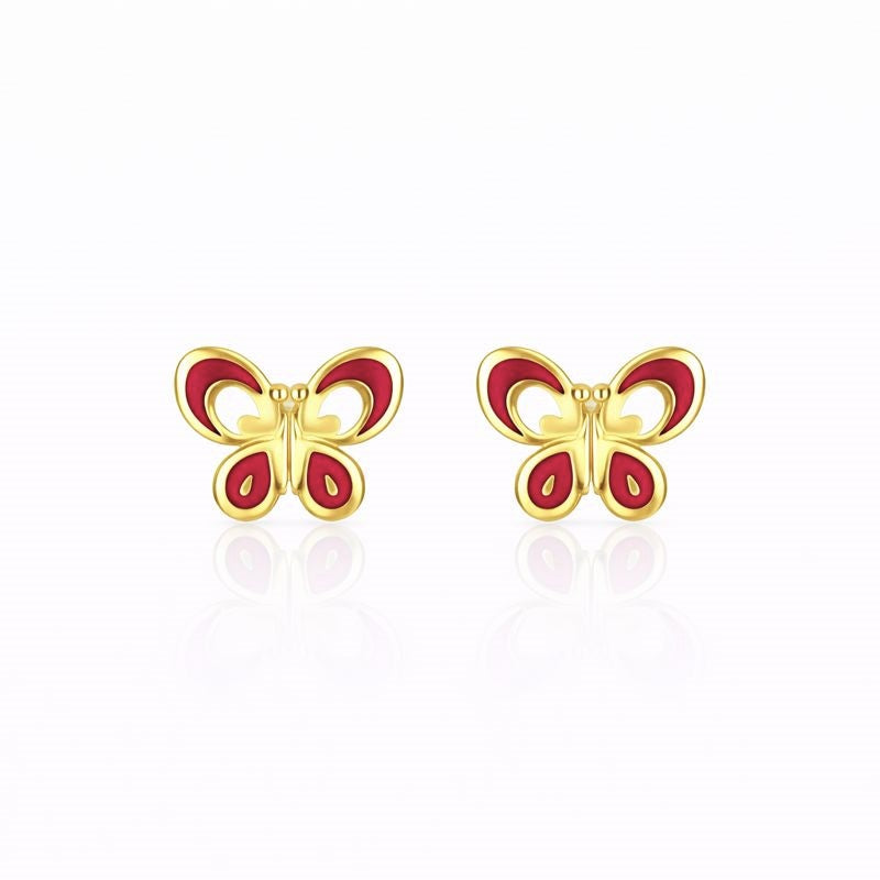 14K Yellow Gold Pink Enamel Butterfly Stud Earrings