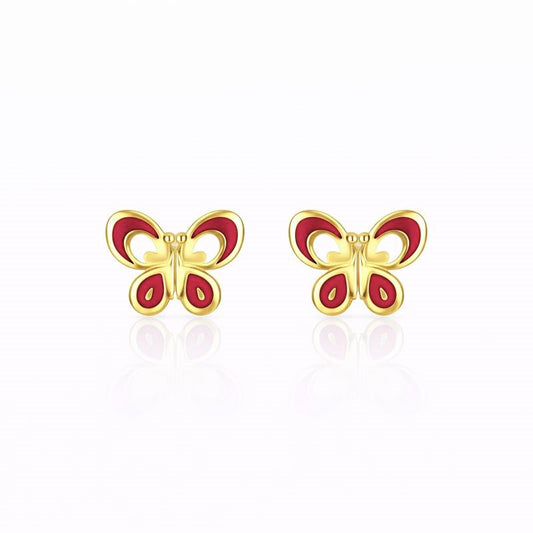14K Yellow Gold Pink Enamel Butterfly Stud Earrings
