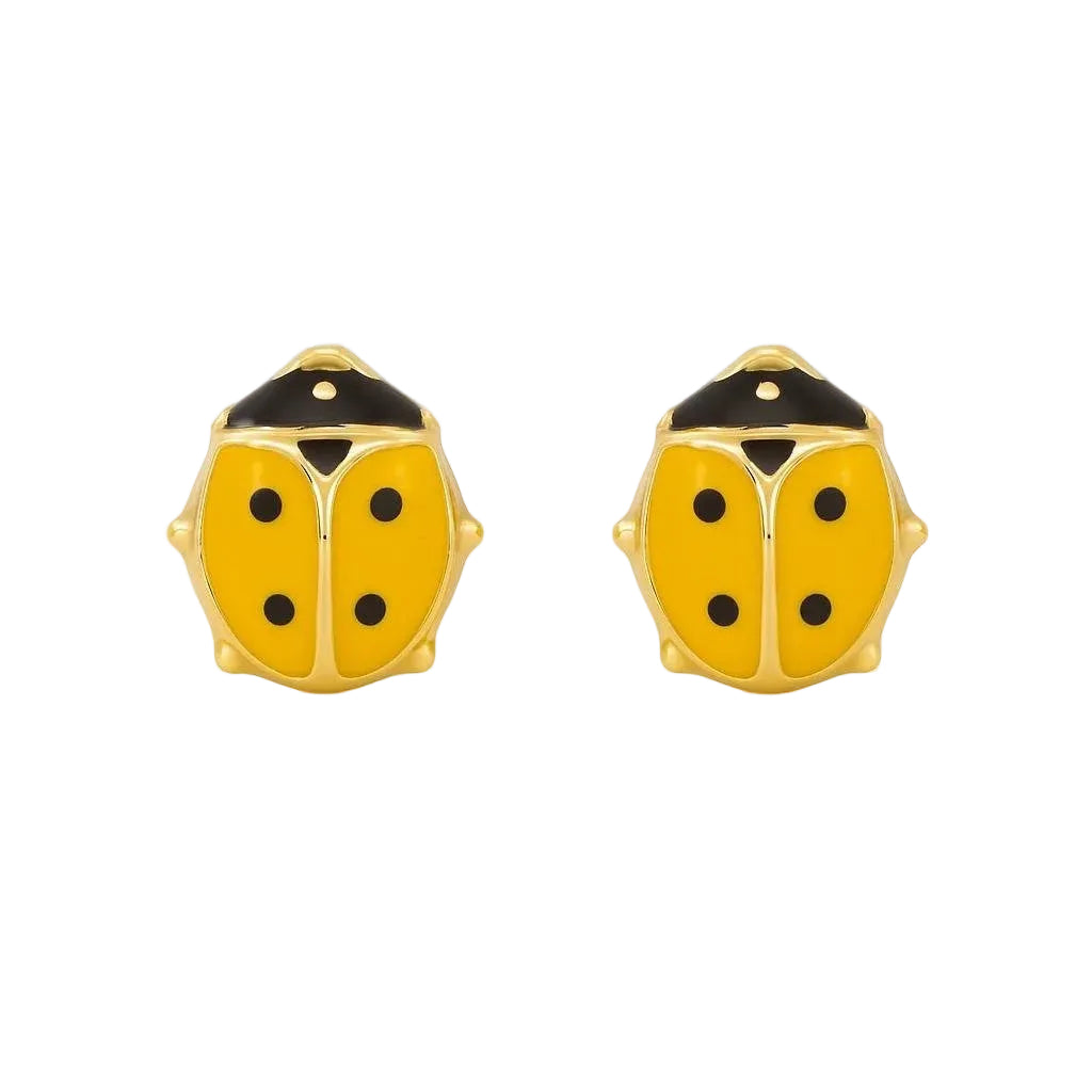14K Yellow Gold Orange & Black Enamel Ladybug Stud Earrings