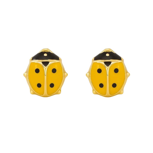 14K Yellow Gold Orange & Black Enamel Ladybug Stud Earrings