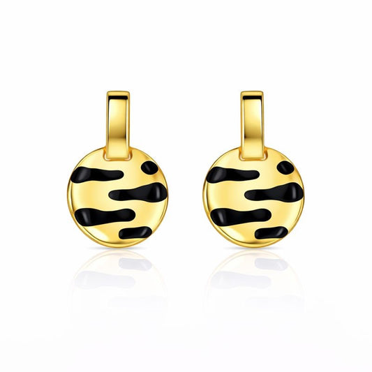 14K Yellow Gold Vintage Enamel Zebra Circle Drop Stud Earrings
