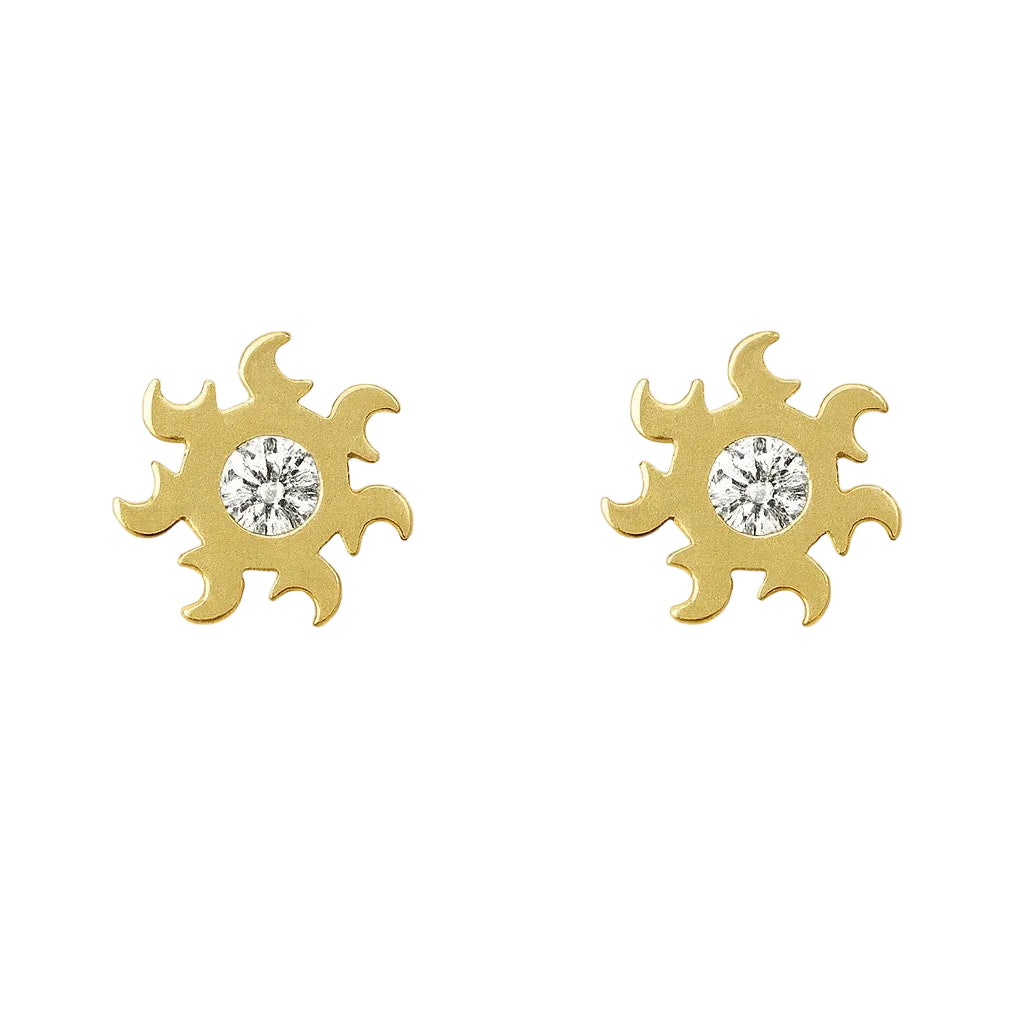 14K Yellow Gold CZ Sun Stud Earrings