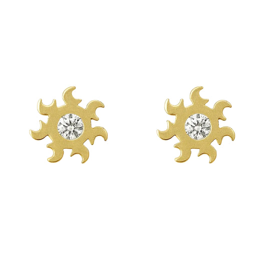 14K Yellow Gold CZ Sun Stud Earrings