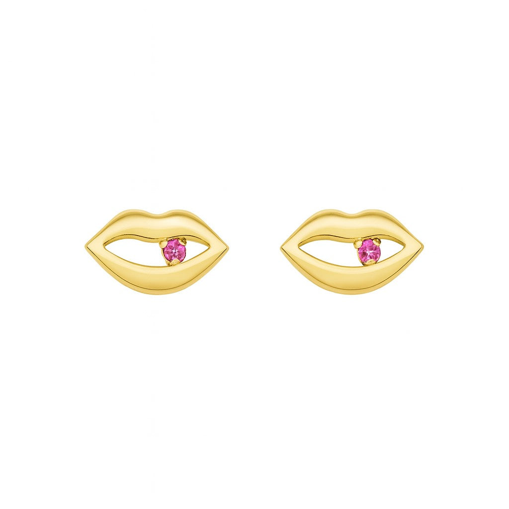 14K Yellow Gold Pink CZ Lips Stud Earrings