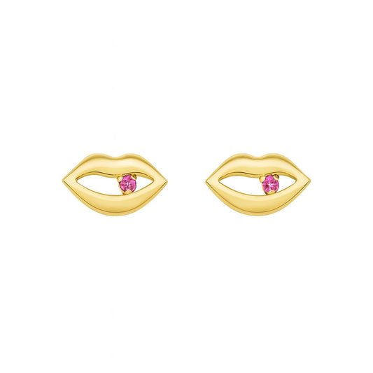 14K Yellow Gold Pink CZ Lips Stud Earrings