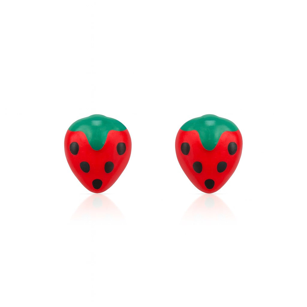 10K Yellow Gold Enamel Strawberry Stud Earrings