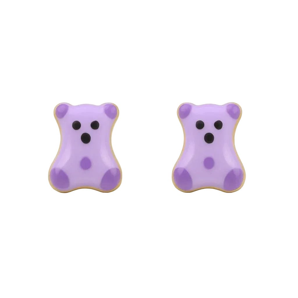 10K Yellow Gold Purple Teddy Bear Stud Earrings