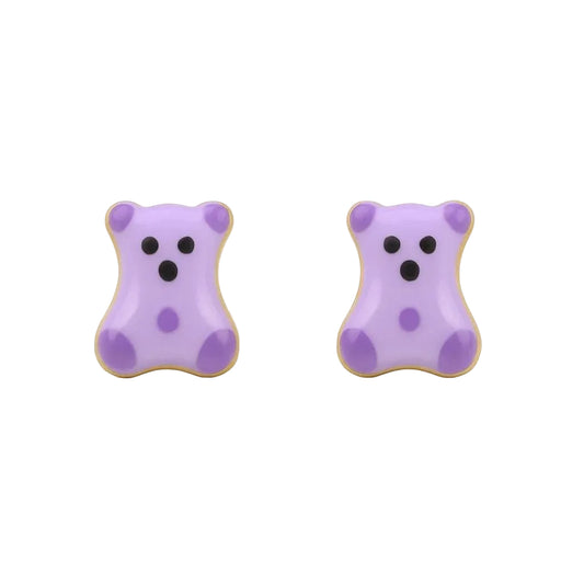 10K Yellow Gold Purple Teddy Bear Stud Earrings