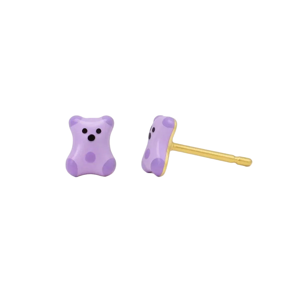 10K Yellow Gold Purple Teddy Bear Stud Earrings