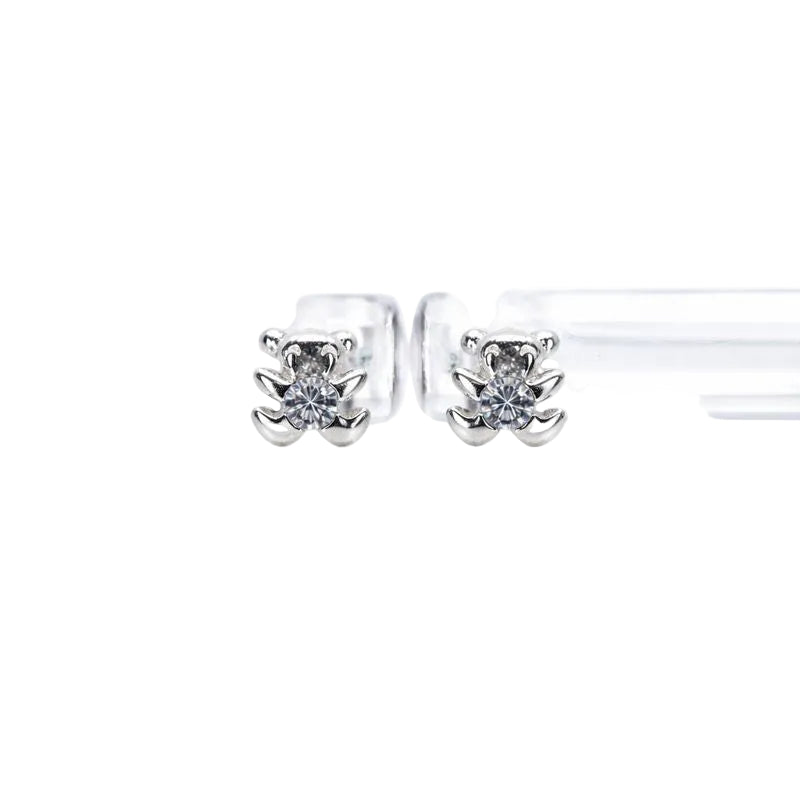 14K White Gold CZ Teddy Bear Stud Earrings