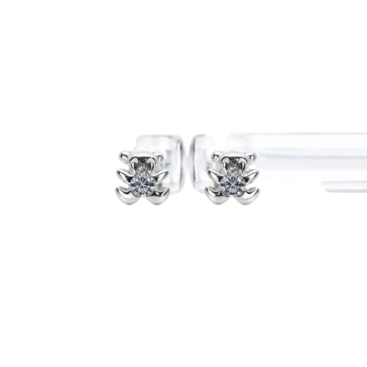 14K White Gold CZ Teddy Bear Stud Earrings