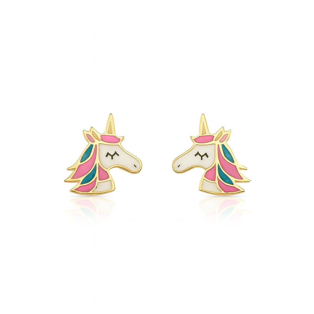 14K Yellow Gold Enameled Unicorn Earrings