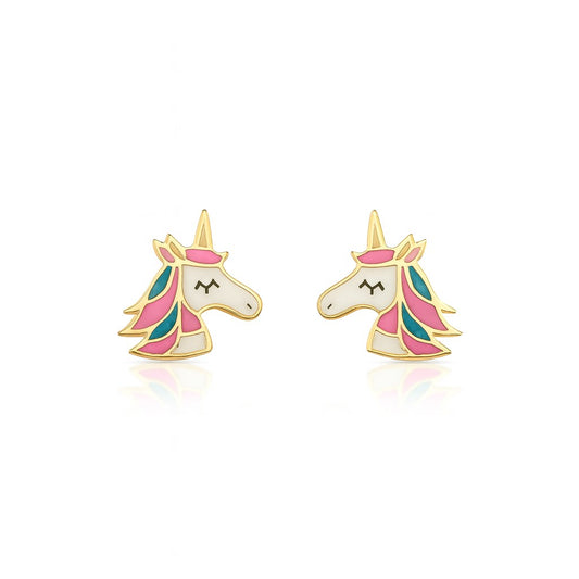 14K Yellow Gold Enameled Unicorn Earrings