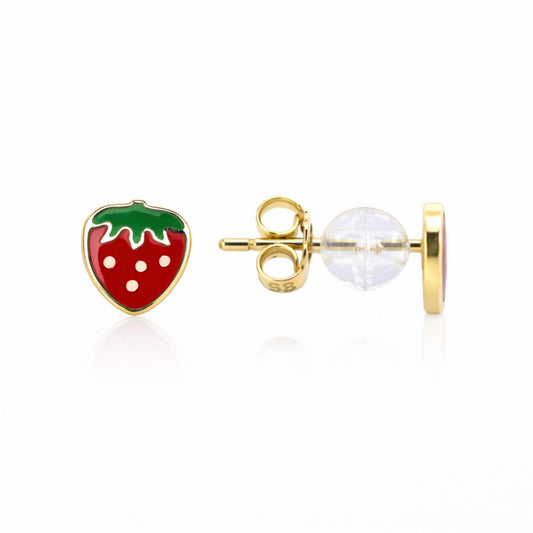 14K Yellow Gold Enamel Strawberry Stud Earrings