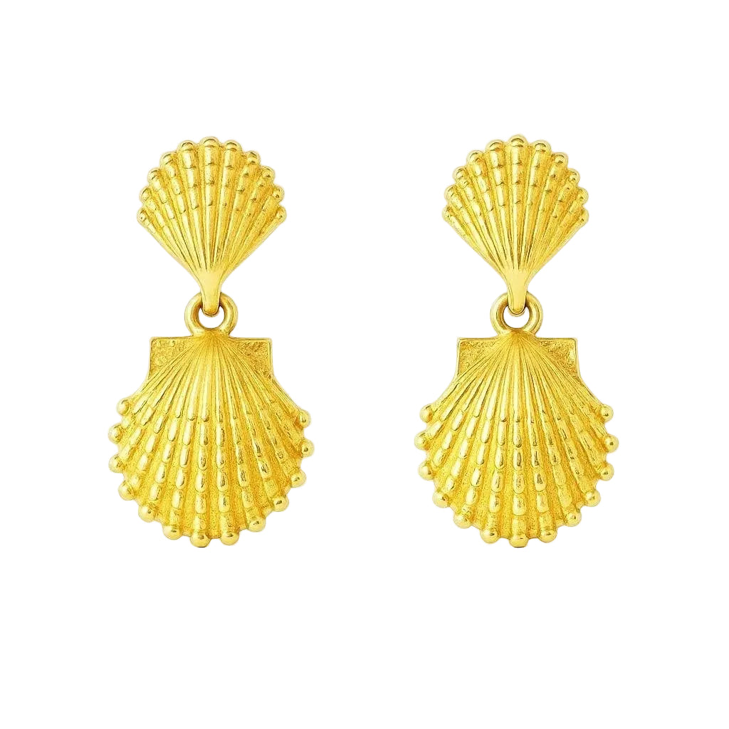 14K Yellow Gold Double Shell Dangle Earrings