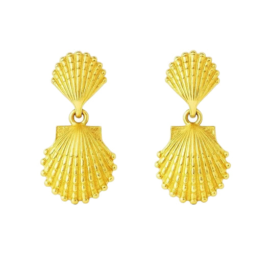 14K Yellow Gold Double Shell Dangle Earrings