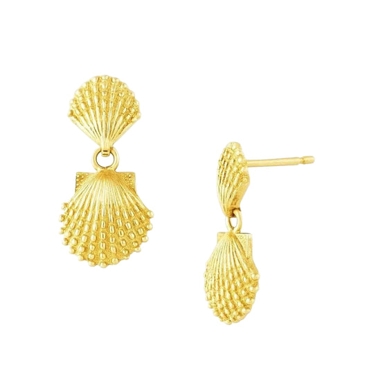 14K Yellow Gold Double Shell Dangle Earrings