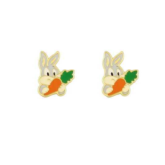 14K Yellow Gold Enameled Bunny with Carrot Stud Earrings