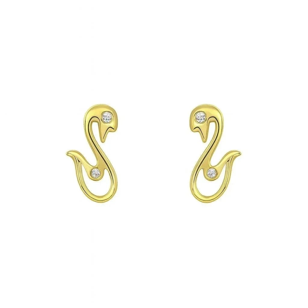 14K Yellow Gold CZ Swan Stud Earrings