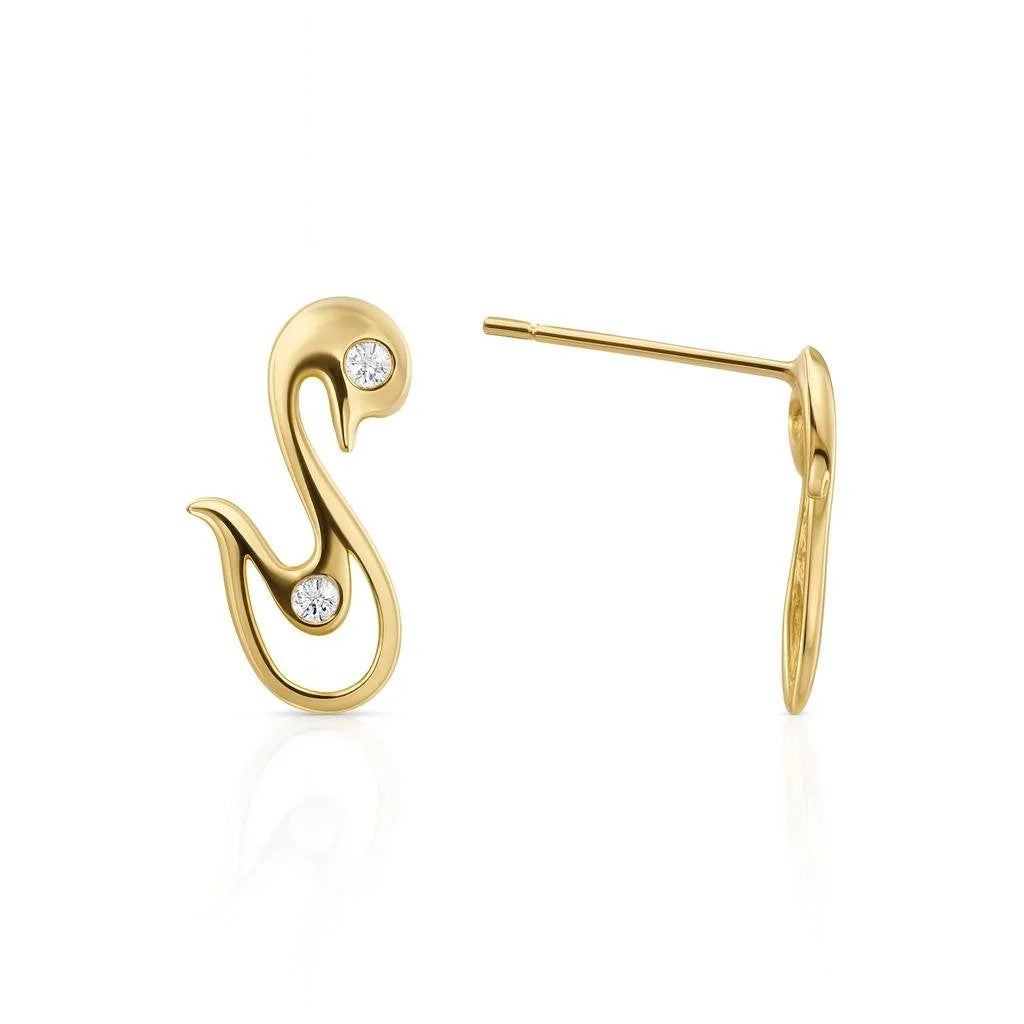 14K Yellow Gold CZ Swan Stud Earrings