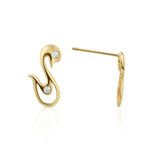 14K Yellow Gold CZ Swan Stud Earrings